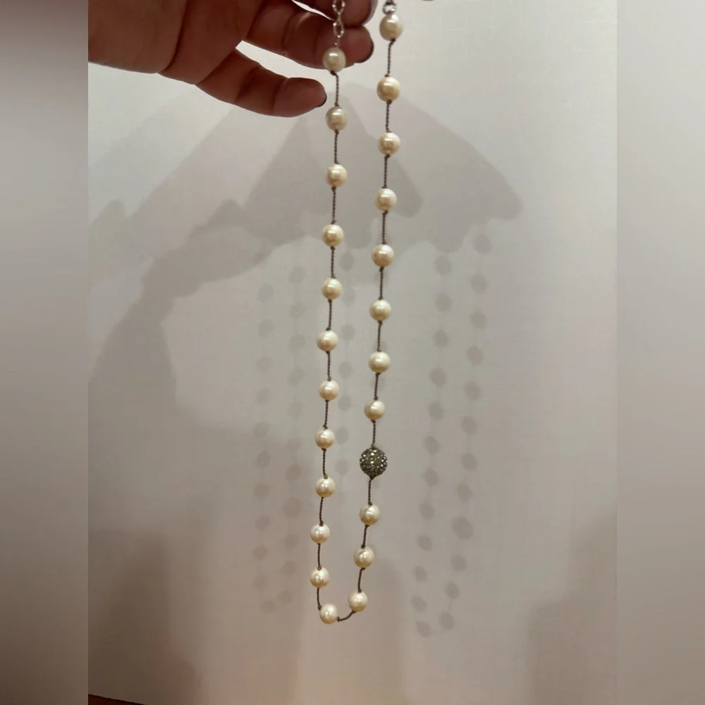 Pearl Necklace rope tied with rhinestone bead